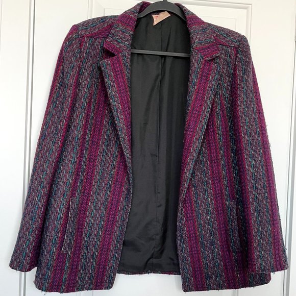 Vintage Jackets & Blazers - Vintage Virgin Wool Tweed Striped Tailored Blazer Made in Canada, Sz XL